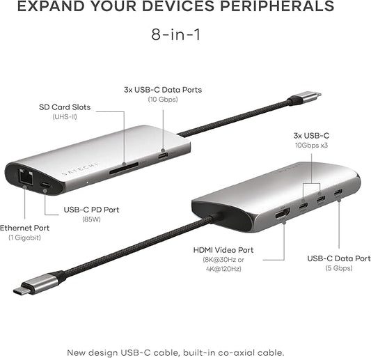 Satechi 8 in 1 USB C Hub Multiport Adapter V3, 8K HDMI, 100W Charging, 4 USB - Image 2