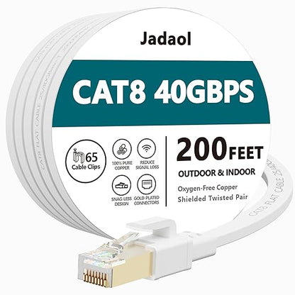 Jadaol Cat 8 Ethernet Cable 200ft, 40Gbps 2000MHz Flat S/FTP LAN Patch Cable by Jadaol