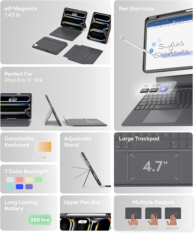 EIP Bluetooth Keyboard Case for iPad Pro 11 inch 2024, Patented Stylus Shortcuts - Image 7