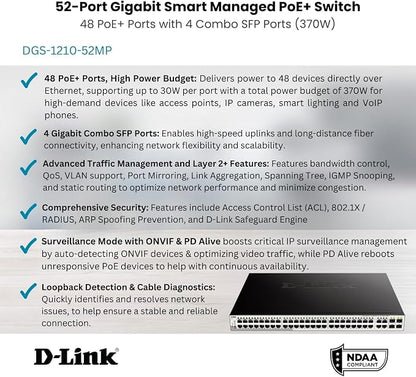D-Link 52-Port Gigabit Smart Managed PoE+ Switch | 48 PoE+ Ports + 4 Combo SFP - Image 3