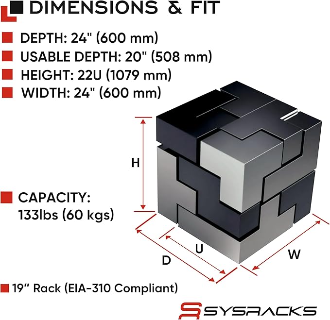 22U Wall Mount Server Rack Cabinet 24” Deep, 19” Network & AV Enclosure - Image 3