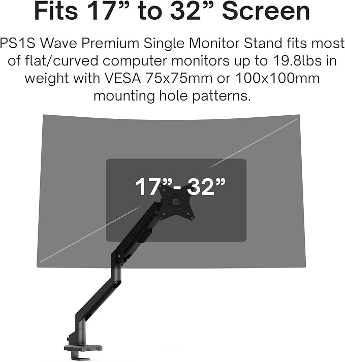 Pixio PS1S Wave Black Single Monitor Arm Stand Desk Mount - Image 2