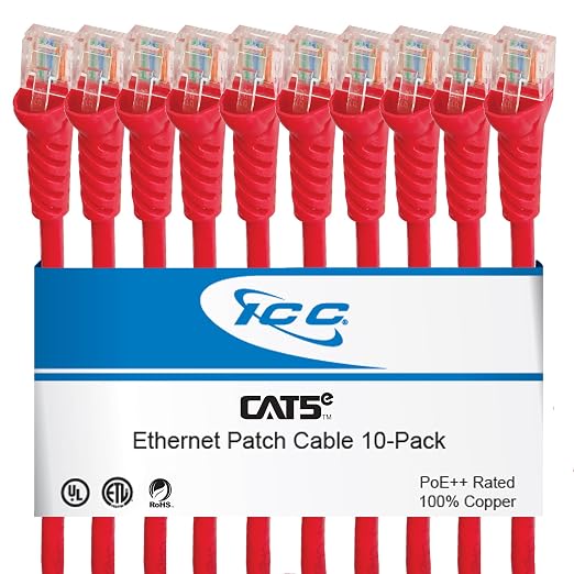 ICC CAT5e Ethernet Patch Cord 25 FT 10-Pack, UTP 24 AWG UL Listed, 100% by ICC