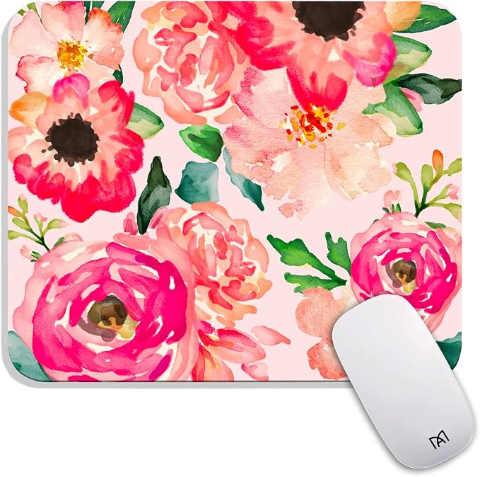 Square Mouse Pad Pink Watercolor Flower, Personalized Premium-Textured Custom by Armanza