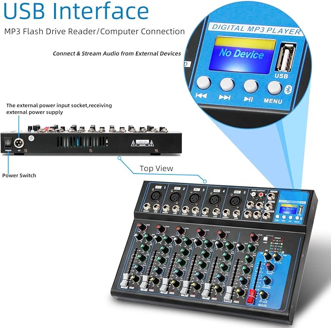 Depusheng HT7 Bluetooth Portable Audio Mixer w/USB DJ Sound Mixing Console MP3 - Image 2