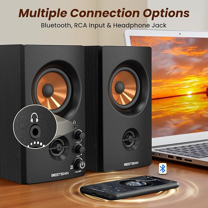 BESTISAN Active Bookshelf Speakers, 50W BT Home Speakers, 3’’ Woofer, 1’’ Silk - Image 3