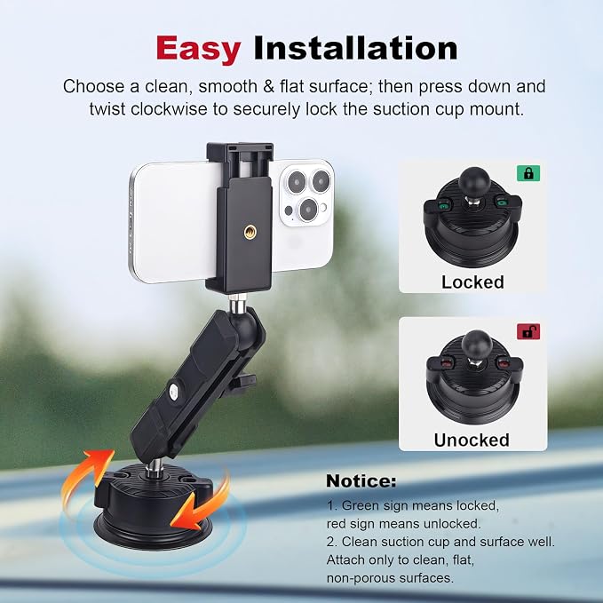 Camera Suction Cup Mount with Ball Head Magic Arm, Universal 360°Vacuum Suction - Image 4
