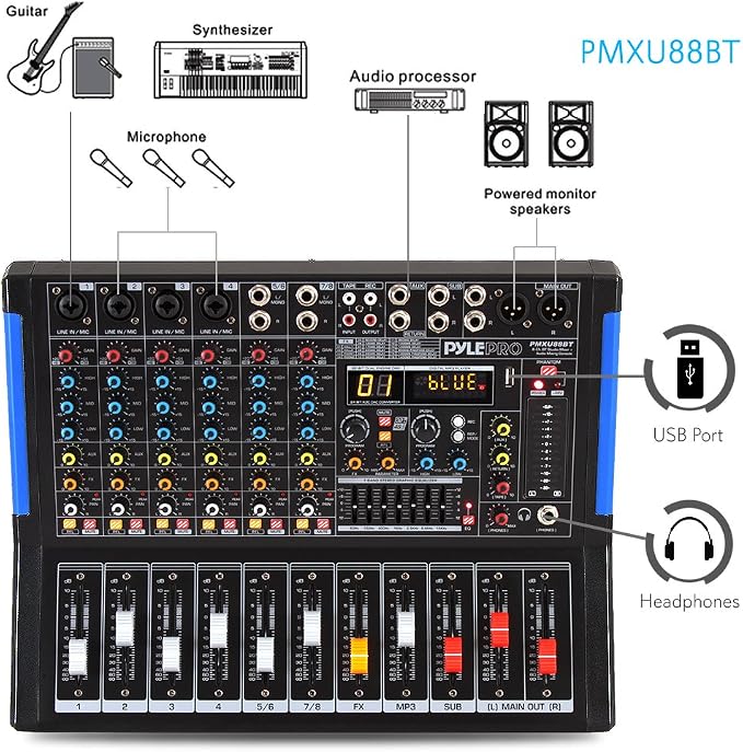 Pyle 8-Channel Bluetooth Studio Audio Mixer- DJ Sound Controller Interface w/ - Image 2