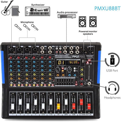 Pyle 8-Channel Bluetooth Studio Audio Mixer- DJ Sound Controller Interface w/ - Image 2