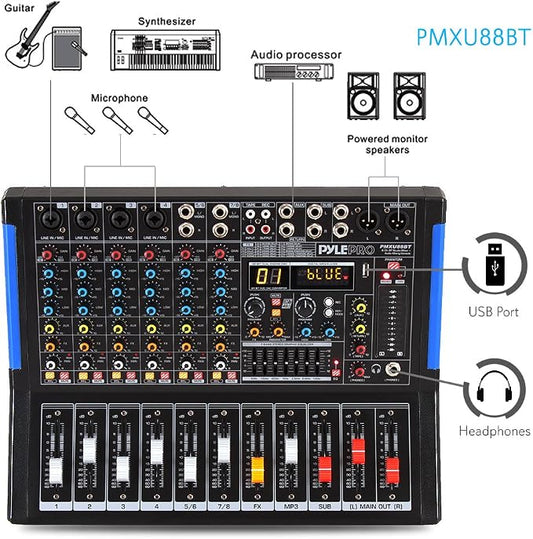 Pyle 8-Channel Bluetooth Studio Audio Mixer- DJ Sound Controller Interface w/ - Image 2