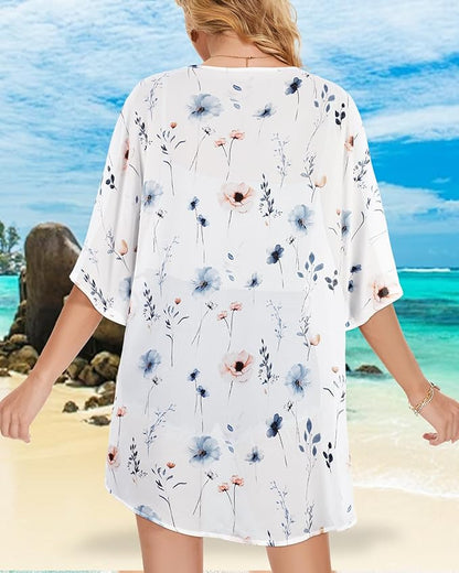 Women's Floral Print Puff Sleeve Kimono Cardigan Loose Cover Up Casual Blouse - Image 5