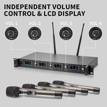 Wireless Microphone System, 4-Channel UHF Wireless Mic, Fixed Frequency Metal - Image 3