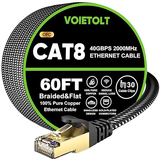 Cat 8 Ethernet Cable 60 FT Flat, High Speed 40Gbps 2000Mhz Braided Internet by EthernetCable