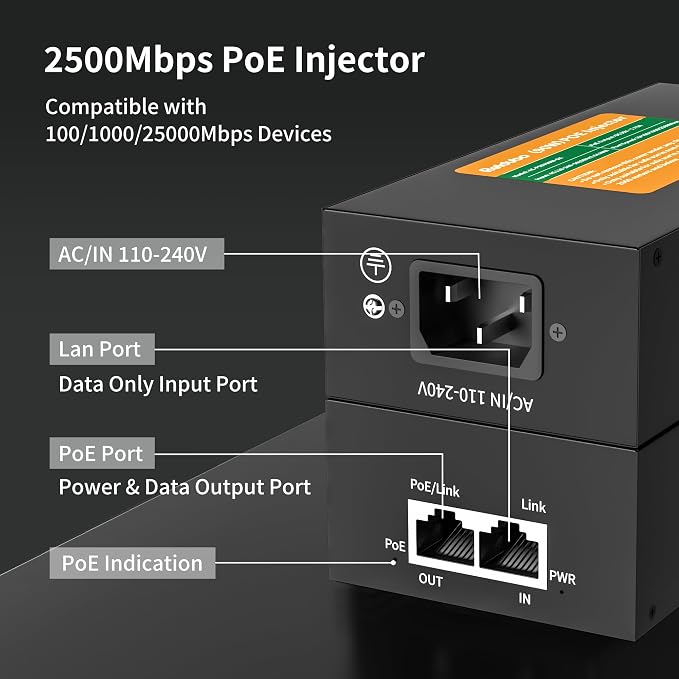 2.5Gb PoE Injector Adapter 90W, IEEE 802.3bt/at/af Compliant, Converts Non-PoE - Image 3