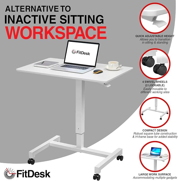 FitDesk Portable Laptop Desk, Rolling Standing Workstation Adjustable Height - Image 3
