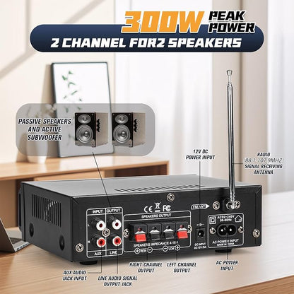 Stereo Audio Amplifier, 300W Home 2 Channel Wireless Bluetooth 5.0 Power - Image 3