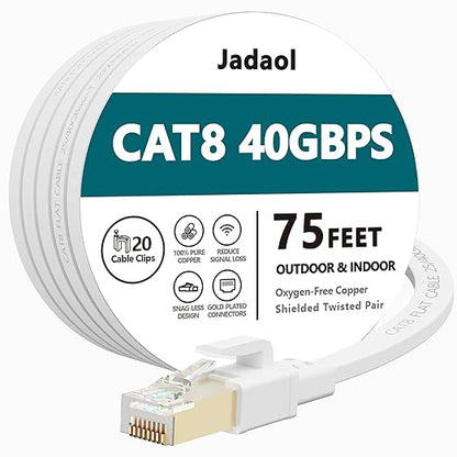 Jadaol Cat 8 Ethernet Cable 75 ft, 40Gbps 2000MHz Flat RJ45 S/FTP LAN Patch by Jadaol