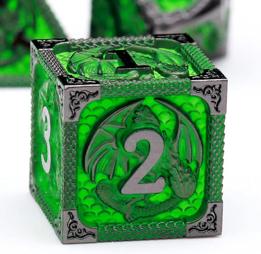 Haxtec Metal Dice Set Green Black Dragon Pattern Metal DND Dice by HaxtecDice