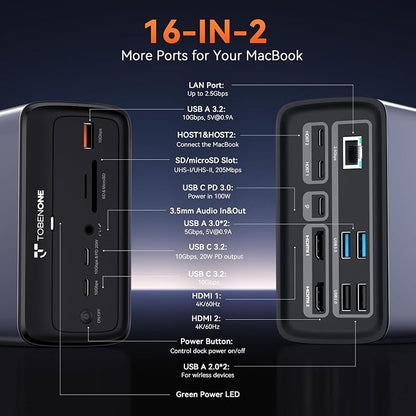 TobenONE MacBook Docking Station Dual 4K@60Hz, 16-in-2 USB C Docking Station - Image 3
