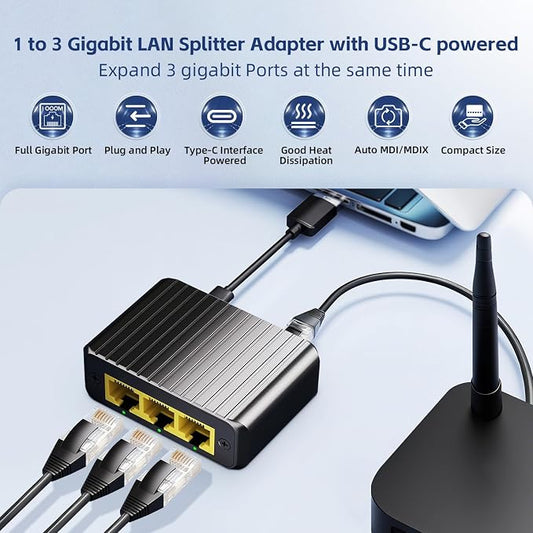Binardat 1 to 3 Gigabit Network Splitter, 4 Port Ethernet Switch, Type-C Power - Image 2