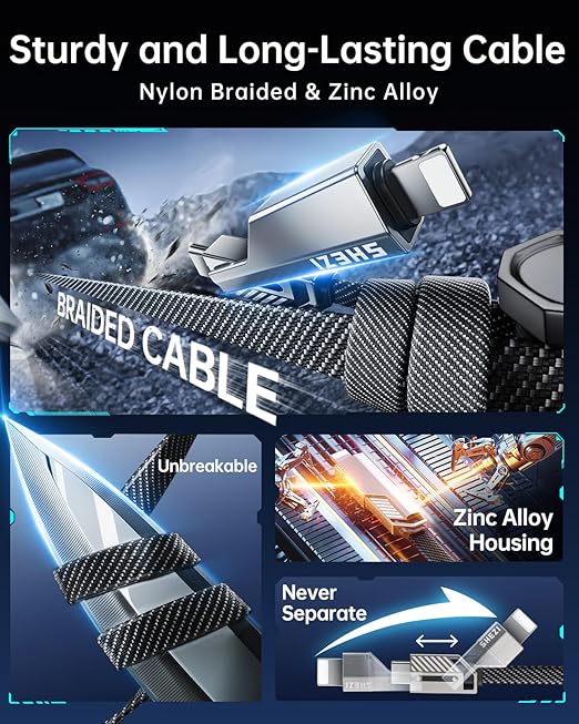 SHEZI 4-in-1 USB C Cable 60W 3FT Fast Charging Flat Nylon Braided Charger Cord - Image 5