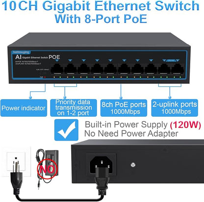 8 Port Gigabit PoE Switch with 2 Gigabit Uplink, 802.3af/at, 120W Built-in Power - Image 3