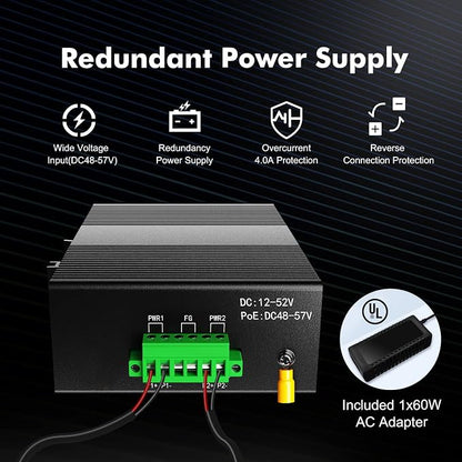 MokerLink 5 Port PoE Industrial DIN-Rail Network Switch, 60W IEEE802.3af/at PoE - Image 5