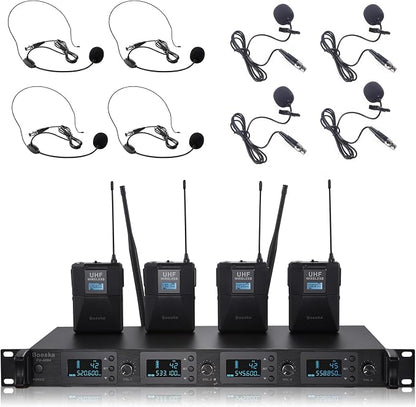 Wireless Microphone System 4 Channel UHF 4 Lavalier Lapel Headset Mics by Boeska