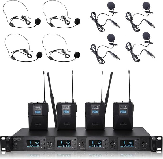 Wireless Microphone System 4 Channel UHF 4 Lavalier Lapel Headset Mics by Boeska