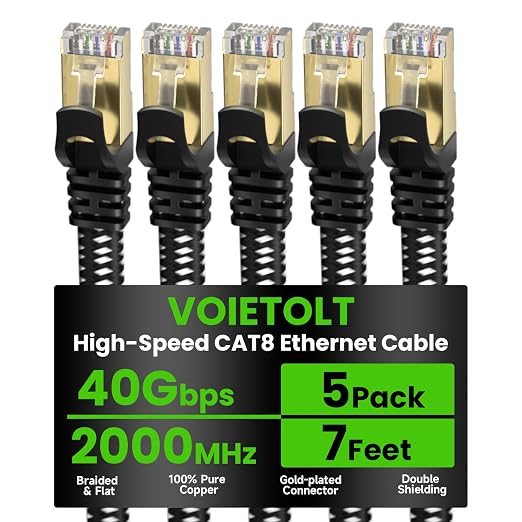Cat 8 Ethernet Cable Flat 7 FT 5Pack, High Speed 40Gbps 2000Mhz Braided by EthernetCable