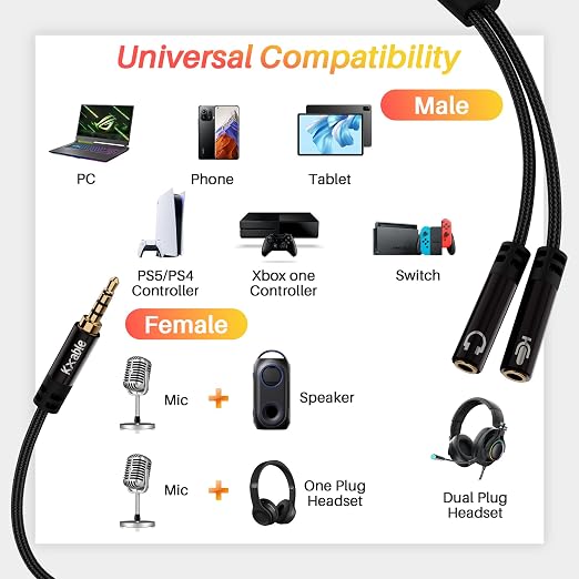 1/8inch Aux Headphone Splitter 2 Way Cable 1FT, 3.5mm 1 Male to 2 Female Mic - Image 6