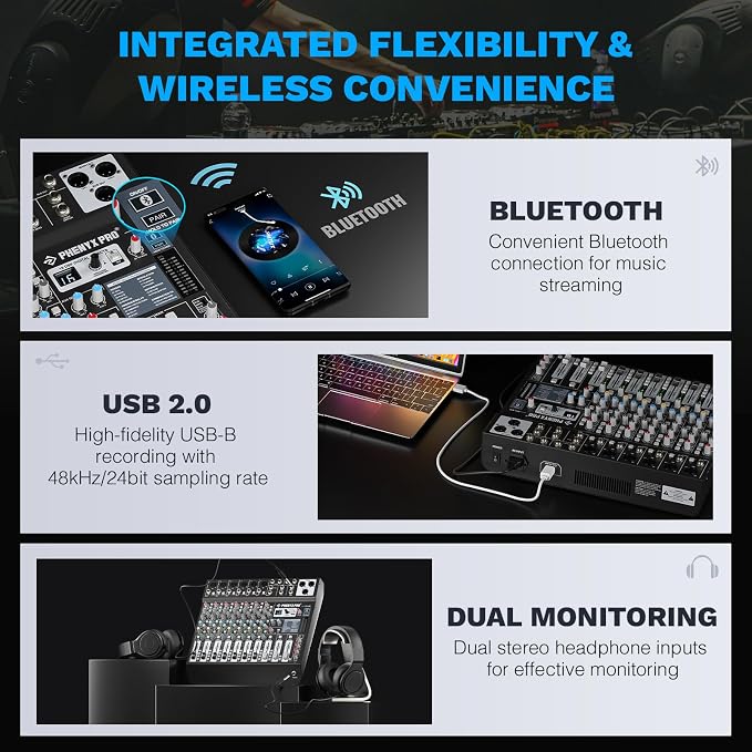 Professional 8-Channel Audio Mixer, Phenyx Pro DJ Sound Mixer Board w/Flexible - Image 5