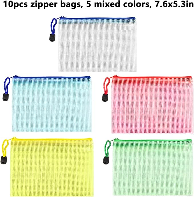 AUSTARK 10 Pcs Zipper File Bags, Waterproof Plastic Mesh Pouch - Image 2