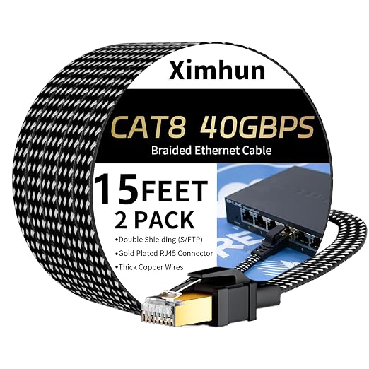 Cat 8 Ethernet Cable 15FT 2Pack, High-Speed Braided Internet Cable Network Cord by XimhunEthernetCable
