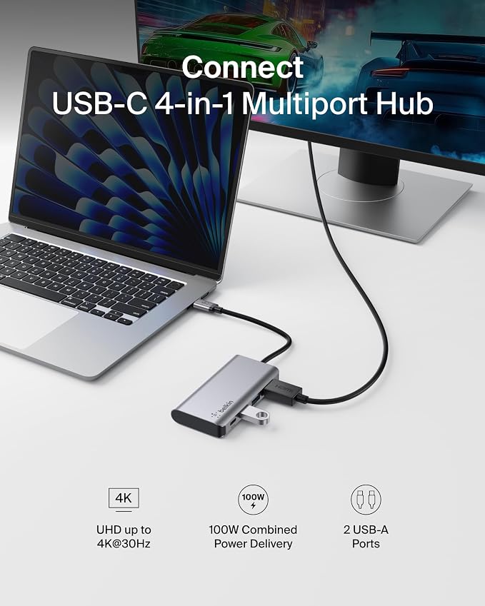 Belkin USB C Hub, 4-in-1 Multi-Port Laptop Dock - Image 2