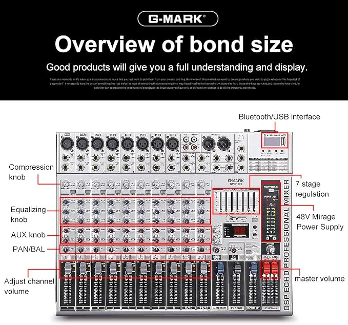 G-MARK GMX1200 DJ Mixer 12 Channel Professional Audio Mixer USB Mixing Console - Image 6