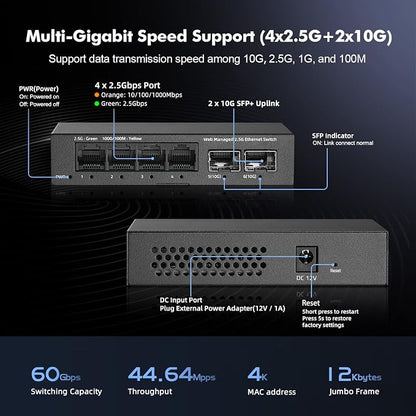 6 Port 2.5G Managed Switch, 4 x 2.5Gbps Base-T Ports and 2 x 10G SFP+ Slot - Image 3