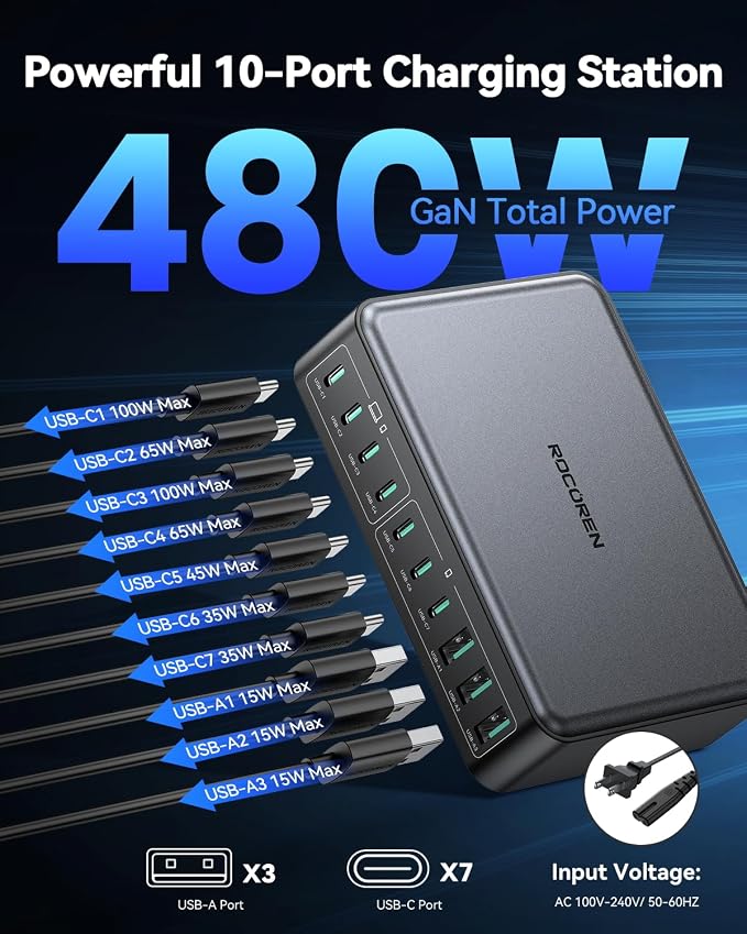 480W USB C Charger Block, Rocoren 10-Ports USB C Charging Station - Image 2