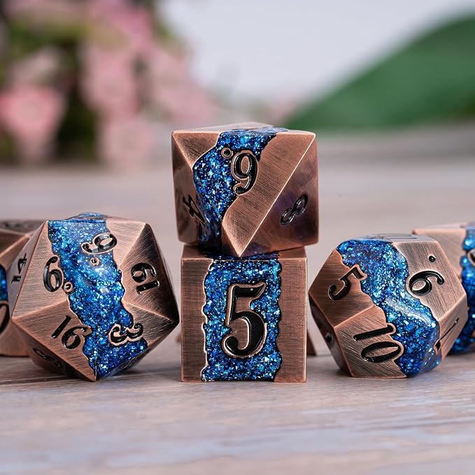Metal DND Polyhedral Dice, Large Stripe Glitter Metallic Dice Set, Antique - Image 3