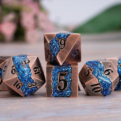 Metal DND Polyhedral Dice, Large Stripe Glitter Metallic Dice Set, Antique - Image 3