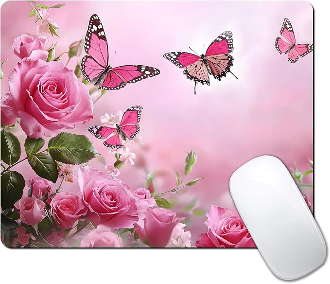 Cute Butterfly Pink Rose Flower Custom Mouse Pad by IMAYONDIA