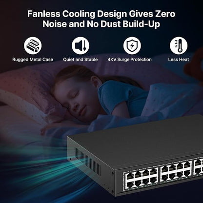 24 Port PoE Switch, 10/100Mbps PoE+ Ethernet Switch Unmanaged - Image 4