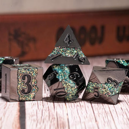 Black Glitter Metal Dice Set, Polyhedral Stripe DND Dice Set - Image 4