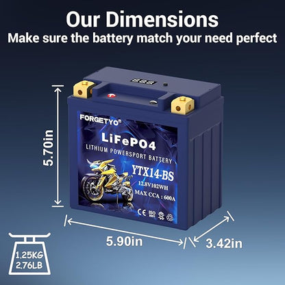 YTX14-BS Lithium Motorcycle Battery, ATV Battery 12V 8AH 600CCA Compatible - Image 4
