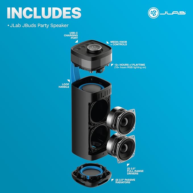 JLab JBuds Party Portable Bluetooth Speaker, 2 Full-Range Drivers + 2 Passive - Image 8