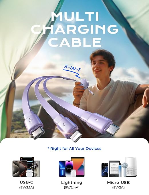 LISEN 3 in 1 Retractable Car & iPhone Charger Cord, Type C/L/Micro USB - Image 2