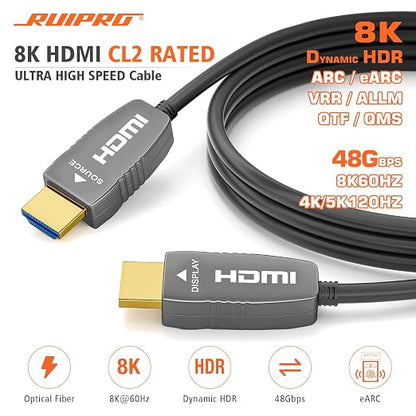 RUIPRO 8K Fiber Optic HDMI 2.1b Cable 50 Feet 48Gbps 8K60Hz 4K120Hz Dynamic HDR - Image 2