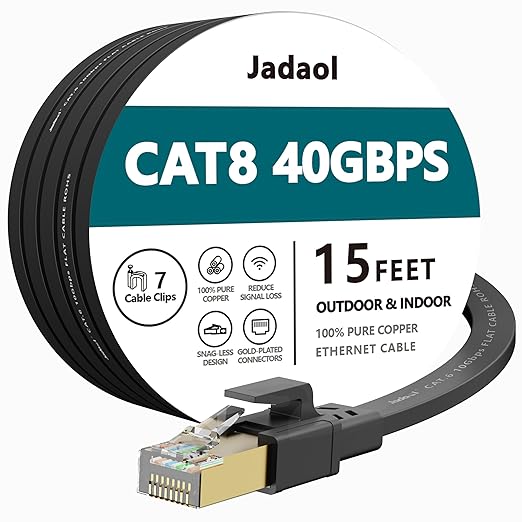 Jadaol Cat 8 Ethernet Cable 15 ft, 40Gbps 2000MHz Flat RJ45 S/FTP LAN Patch by Jadaol