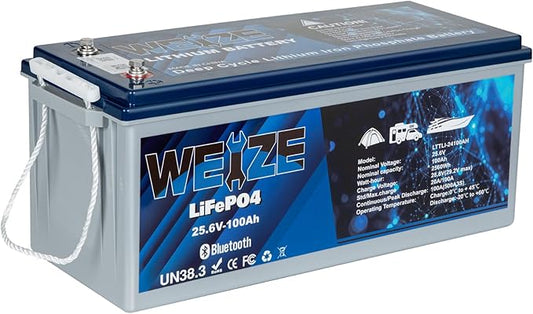 WEIZE 24V 100AH Bluetooth LiFePO4 Lithium Battery, Grade A Cells, 150A BMS by WEIZE