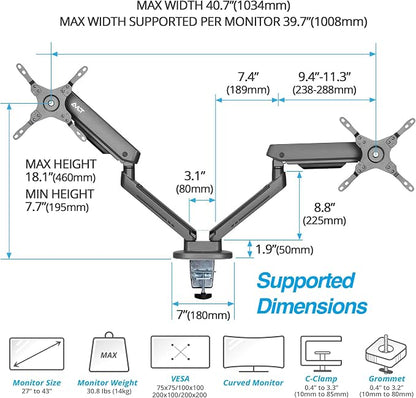 AVLT Dual 27”-43” RGB Gaming Monitor Arm Desk Mount Built-in 20 Lighting Modes - Image 4
